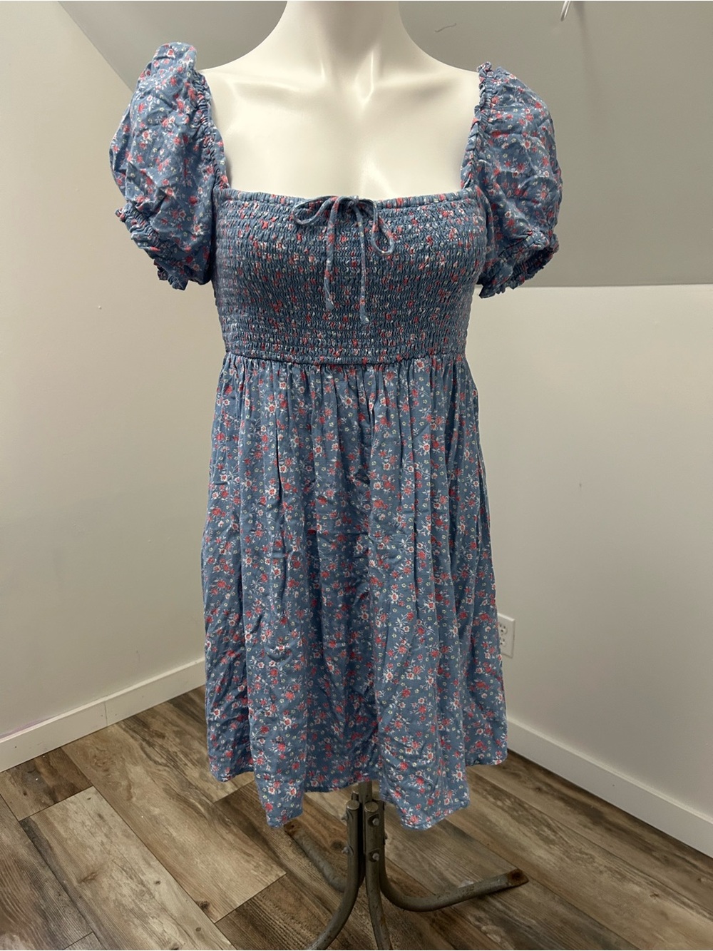 Smocked Puff Sleeve Floral Sundress - Blue with Pink Accents Aeropostale prairie
